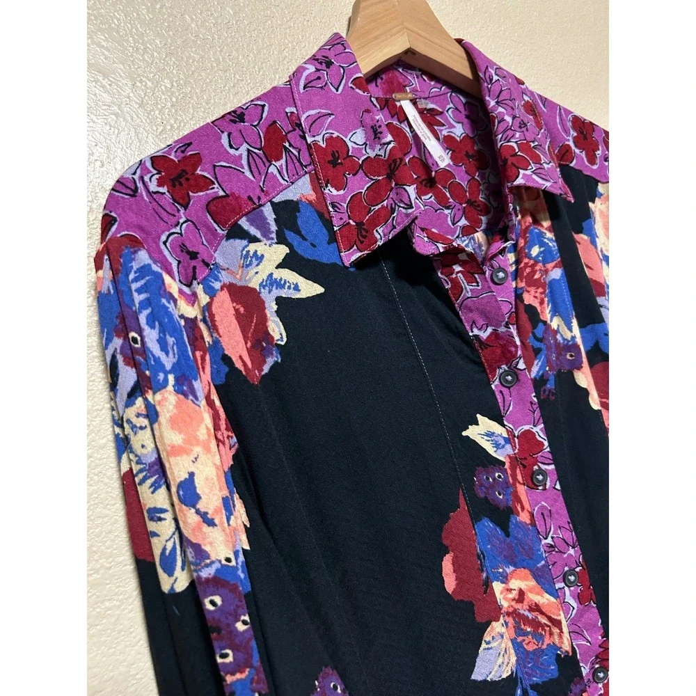 Free People Size XS Shirt Dress Oversized Floral Button Tunic Black‎ Purple Boho